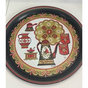 Vintage MAXEY Tin Metal Serving Tray Folk Art Coffee Motif Grinder Canister 16"